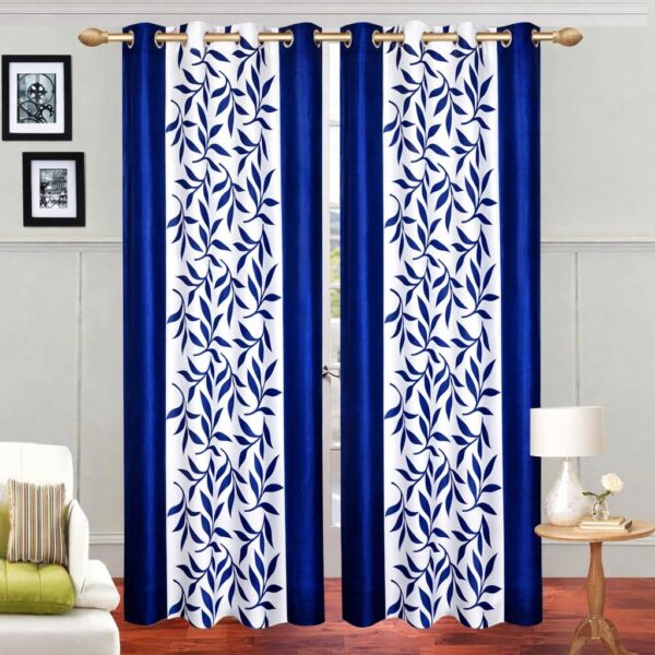 Classic Semi-Transparent Door Curtains 7 Feet | Set of 2 | Floral Print | Eyelet Curtains for Living Room & Bedroom (Blue & White)