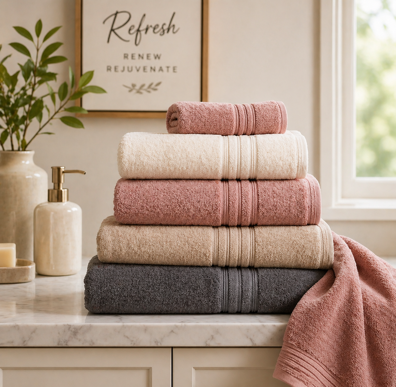 Stack of soft cotton towels in pastel colors placed in a modern bathroom setting