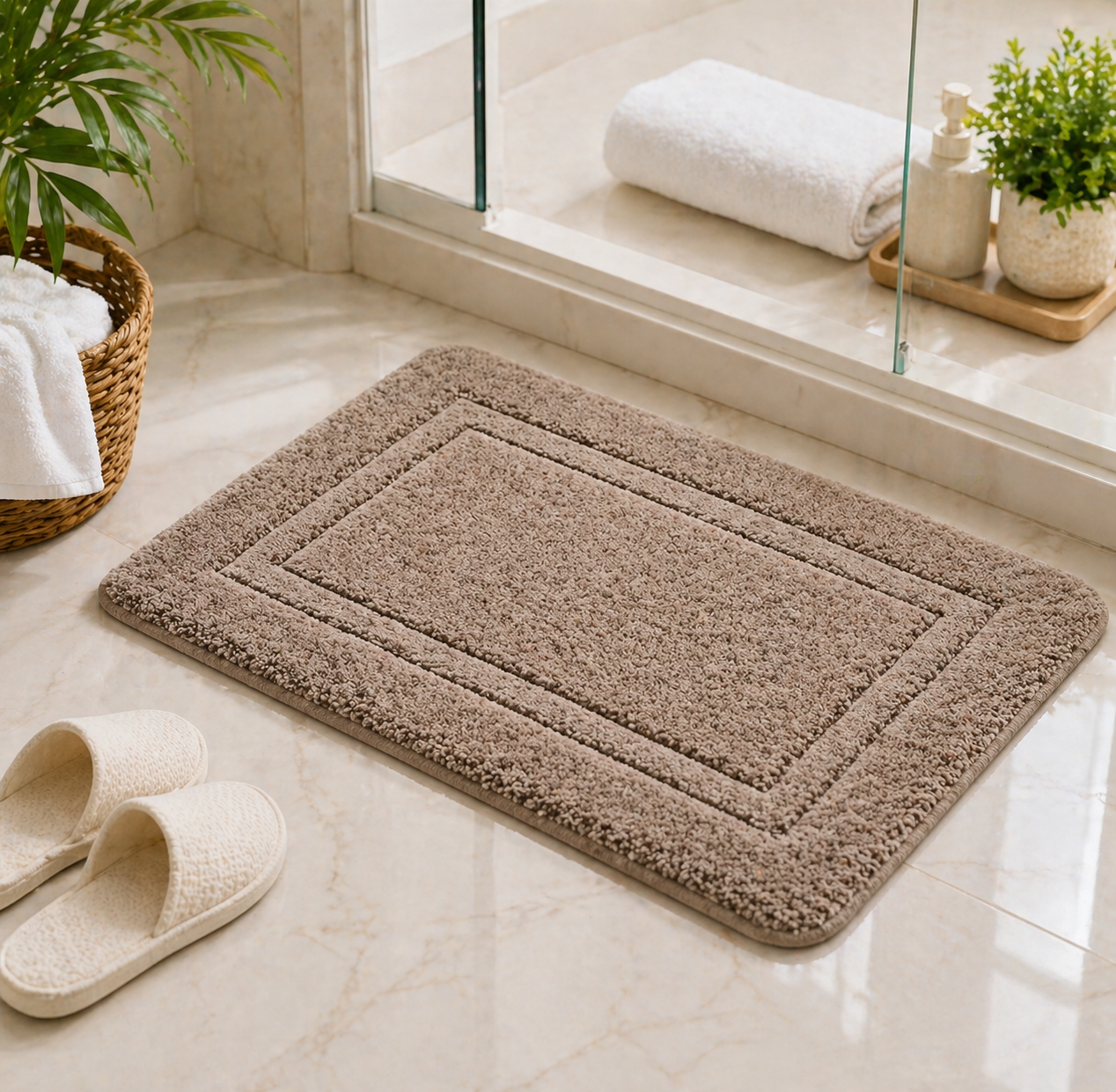 Soft textured bath mat placed on a bathroom floor near a shower area with modern décor