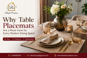 **ALT TEXT** Elegant dining table setup featuring premium table placemats, floral centerpiece, candles, and modern dinnerware by Blissful Creations, showcasing stylish home furnishing and dining table décor.